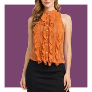 Free People Orange Ruffle Front Shell Button Semi Sheer Sleeveless Top Size XS